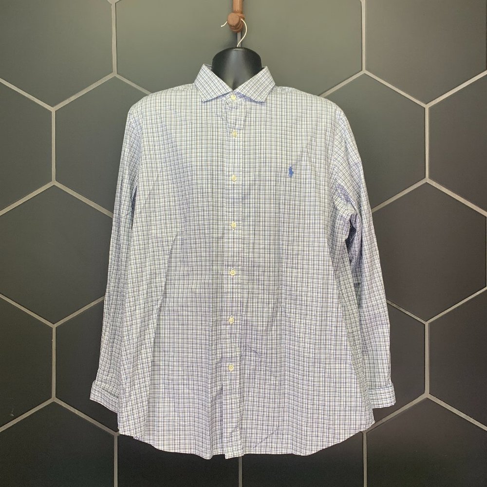 -Used! Mens Ralph Lauren Polo Blue Grey Checkered Long Sleeve Button Up Size XL